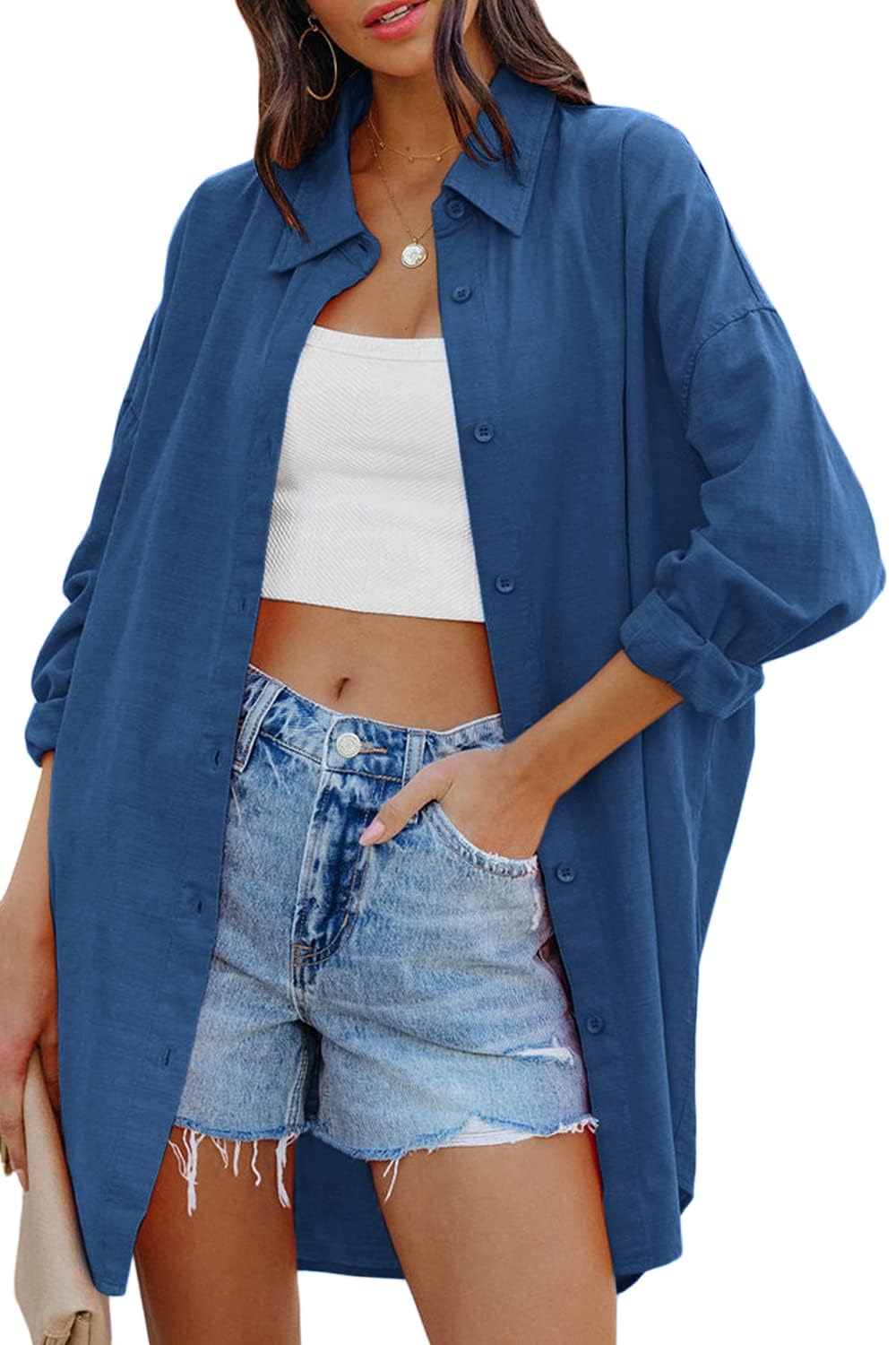 Cicy Bell Damen Bluse Oversized Langarm Button Down Shirts Baumwolle Oberteil Casual Einfarbig T-Shirts Herbst Locker Tops mit Taschen
