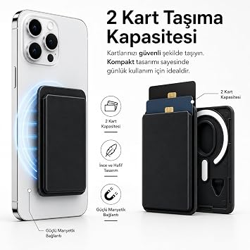 Coverzone MagSafe Uyumlu Manyetik Kartlık Cüzdan, 2 Kart Kapasiteli Telefon Kartlığı, Güçlü Mıknatıslı İnce Kart Tutucu Siyah