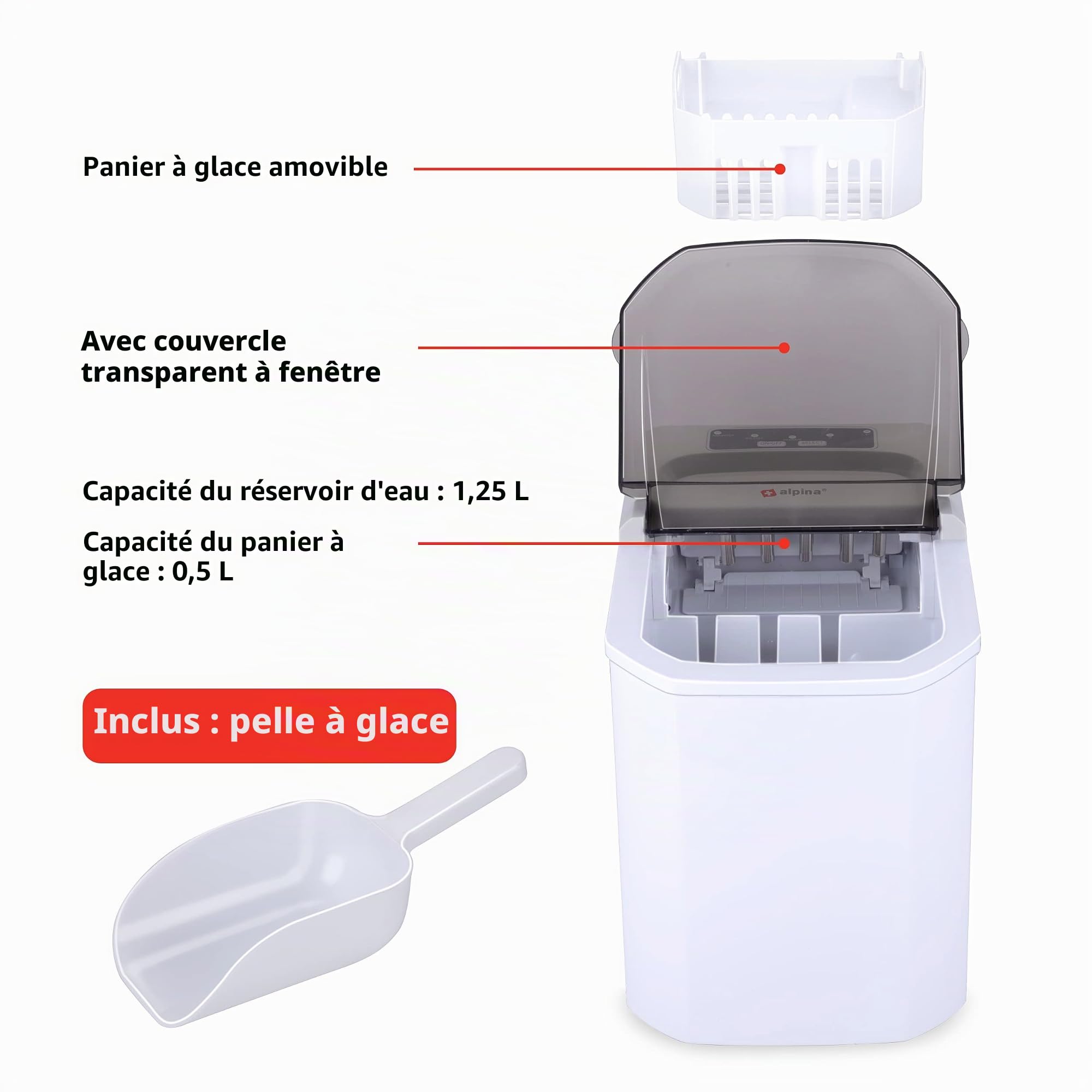 alpina Machine à Glaçons - 2 Tailles de Glaçons - Production en 10-12 Minutes - Couvercle Transparent - Blanc