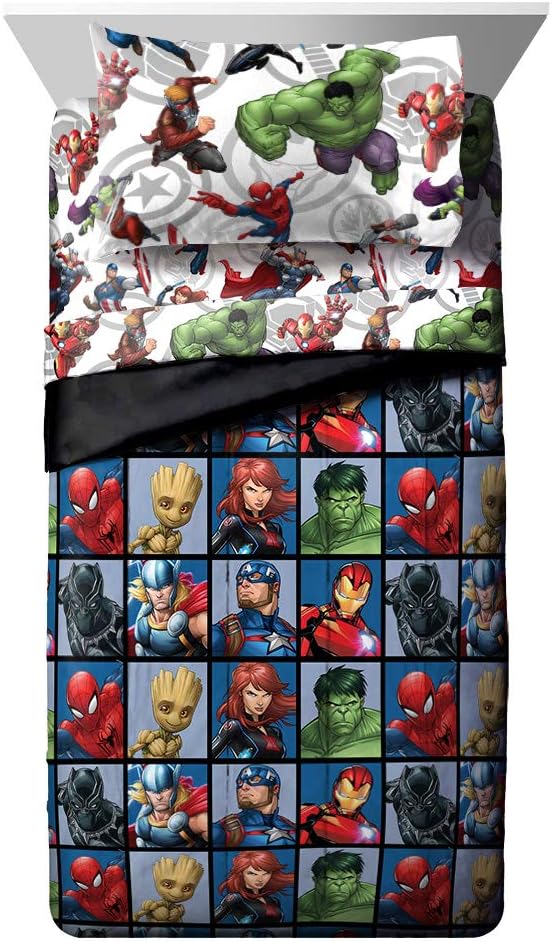 Marvel Avengers Team 4 Piece Twin Bed Set - Includes Reversible Comforter & Sheet Set - Super Soft Fade Resistant Polyester - (Official Marvel Product)