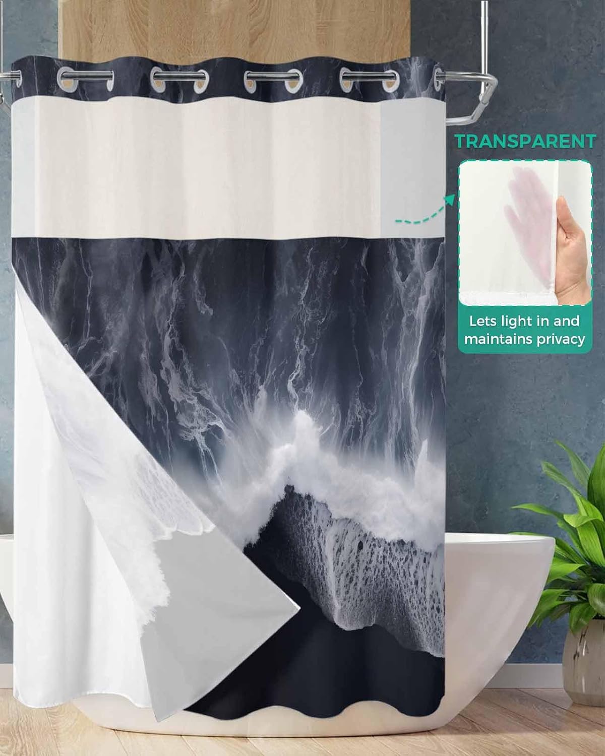 ALAGEO Shower Curtain with Snap-in Fabric Liner Set Ocean Wave No Hook Shower Curtain with Mesh Top Window Beach Black Shower Curtains Waterproof 60x72
