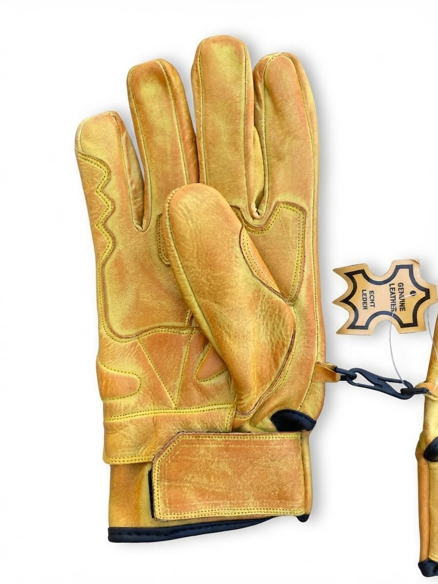 Gants de moto en cuir ciré élastique style détresse classique Chopper Cruiser Fashion Adventure Rider - Jaune - Taille L