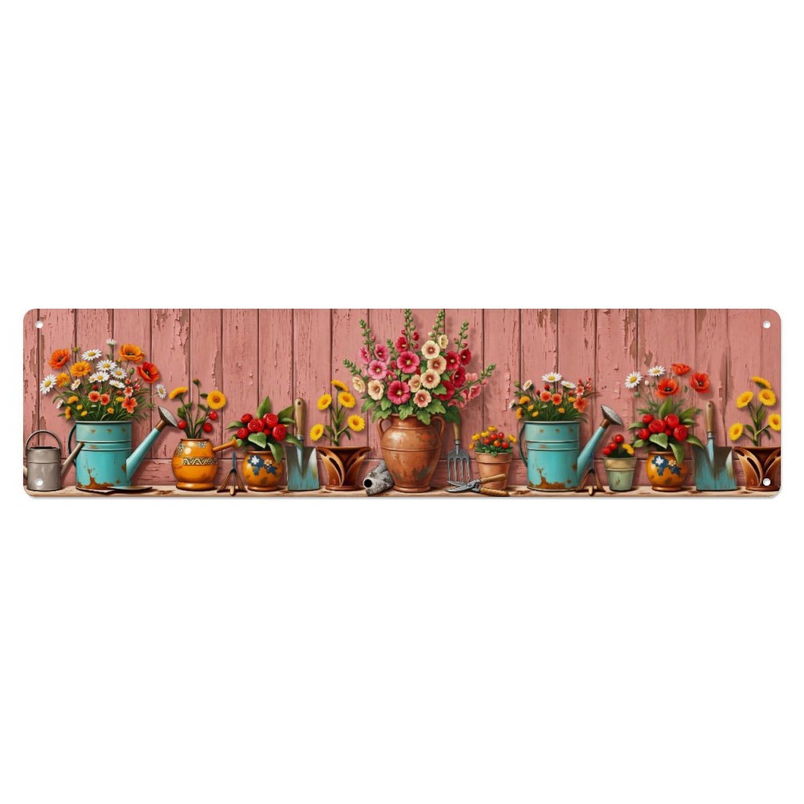 Fqnyr Style Metal Tin Sign Floral Garden Tools Hollyhock Fence Pattern Print