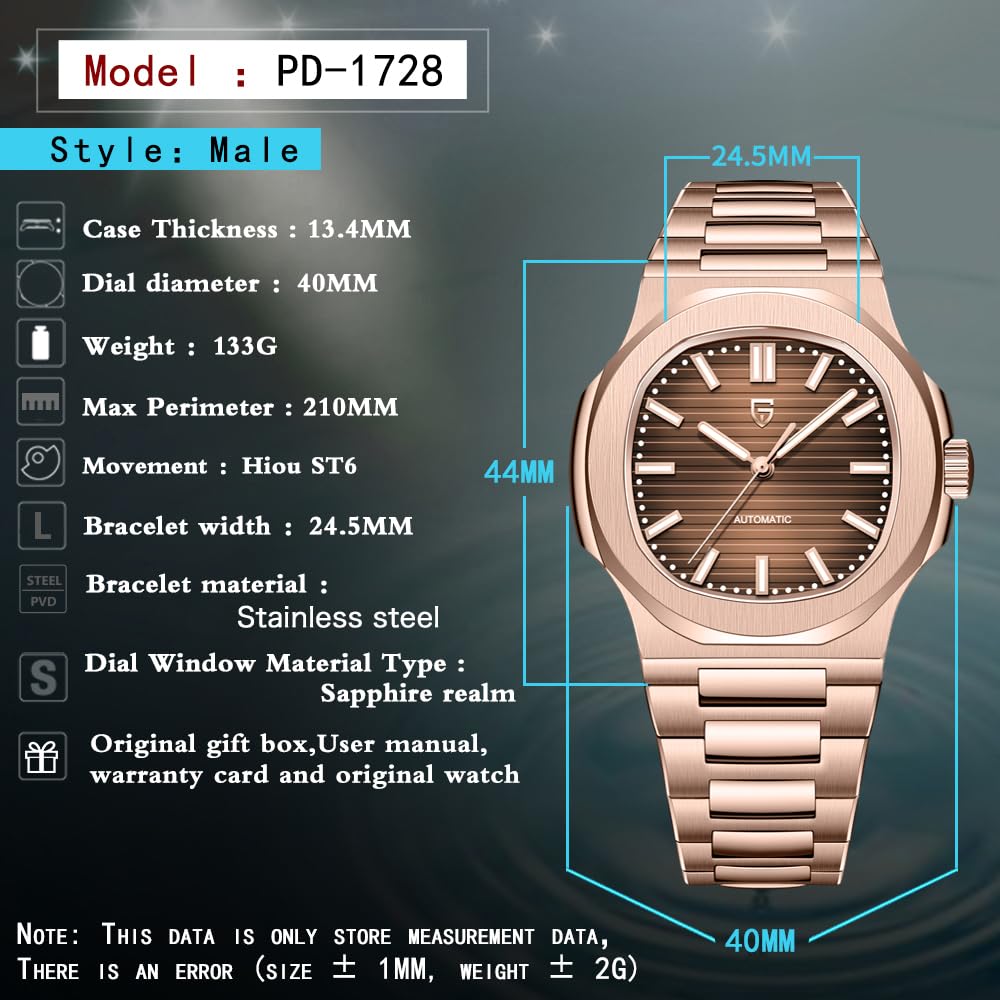Pagani Design PD1728 Automatikuhr für Herren, 40 mm Edelstahl-Armbanduhr mit leuchtendem Zifferblatt, 100 m wasserdicht, Synthetisches Saphirglas, wasserdichte Business-Armbanduhr