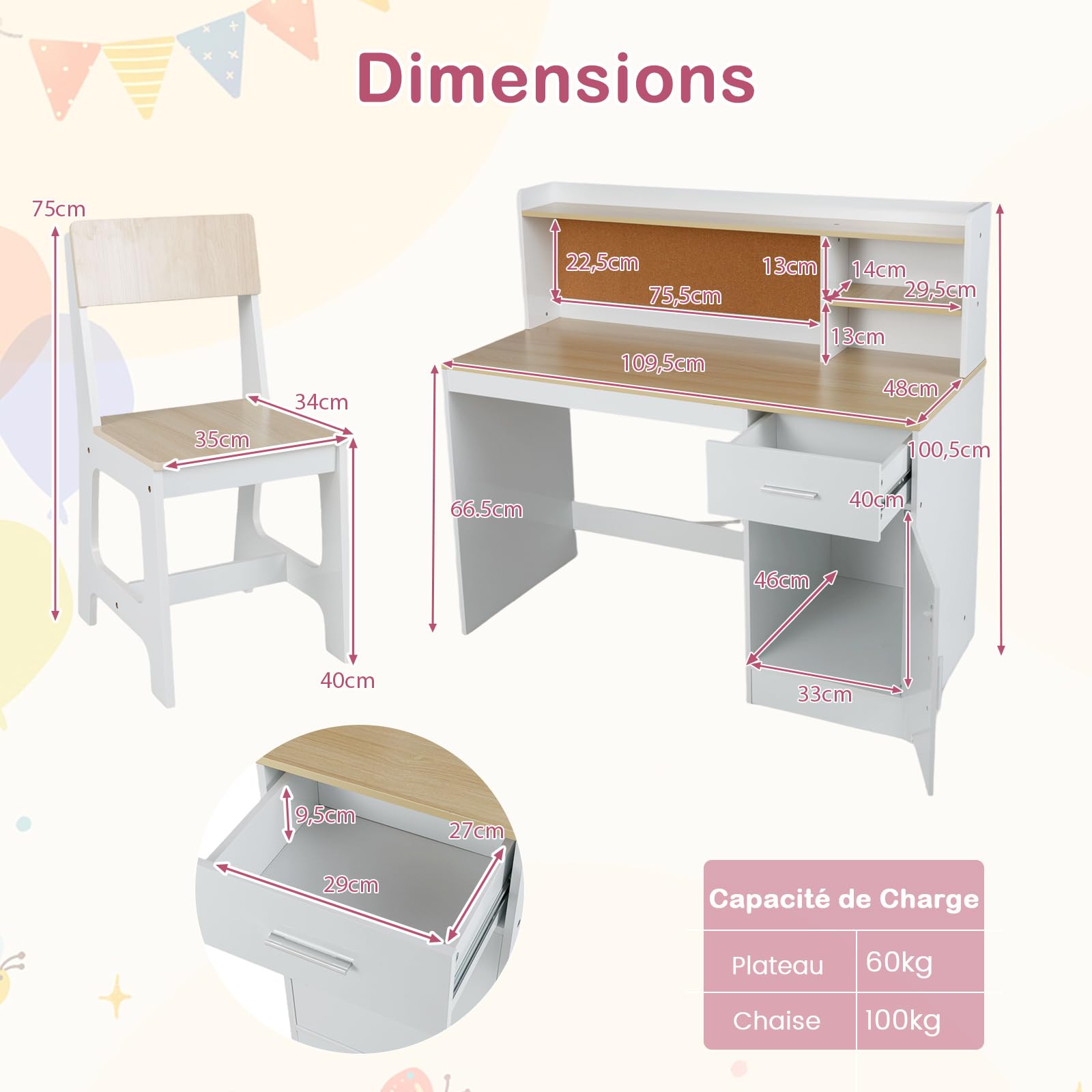 COSTWAY Bureau Enfant avec Chaise Ergonomique et Tableau d'Affichage en Liège, Table avec Étagère Tiroir Armoire, Charge 60/100kg pour 3 Ans+ (Naturel)