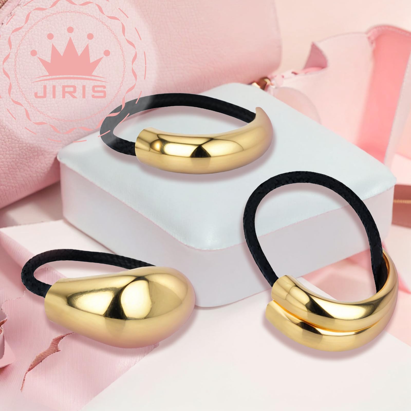 3 gomas metálicas para el pelo para mujer, gomas doradas geométricas de metal, accesorios para el cabello elásticos y no dañan la coleta, bandas de metal para peinar el cabello (set 4)