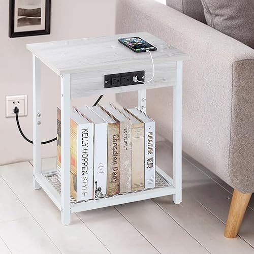 Miniatura 5 de melos Mesitas de noche con estación de carga, mesita de noche de 2 niveles con puertos USB y tomas, mesa auxiliar estrecha con estante de