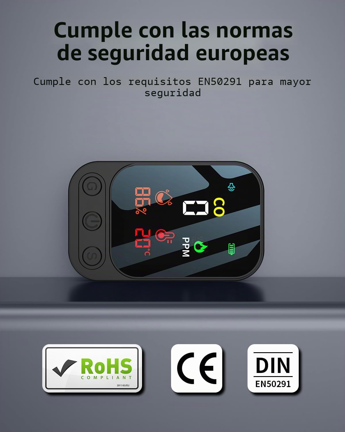 Detector de monóxido de carbono portátil 3 en 1, detector de monóxido de carbono recargable con indicador de temperatura y humedad, portátil para el hogar, caravana, camping, negro (negro)
