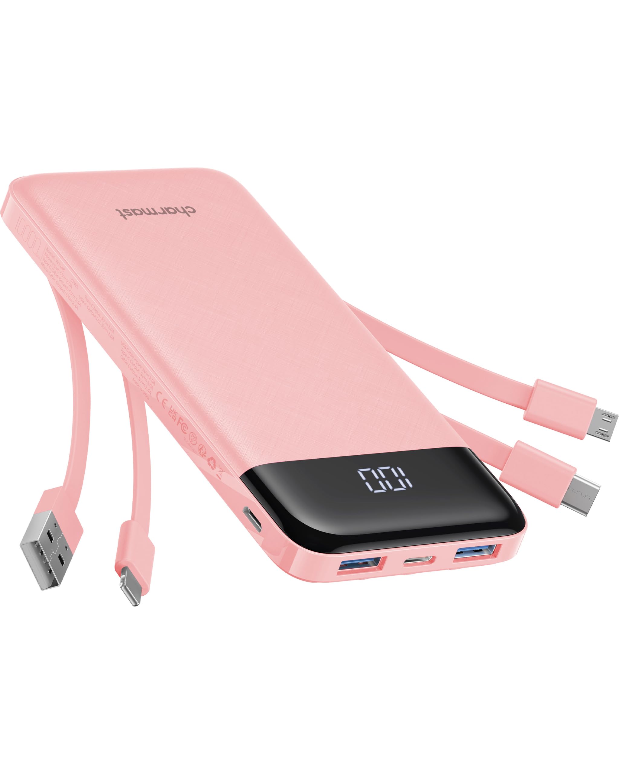 charmast Power Bank Portable Charger with Reinforced Built-in 4 Cables