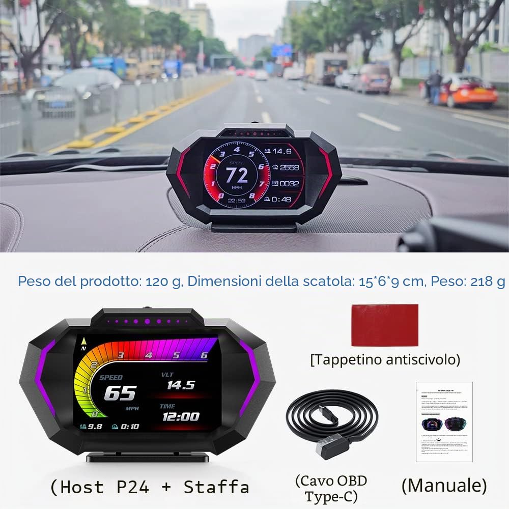 Display Head-Up universale (HUD) per auto, OBD2 e GPS, doppia modalità con inclinometro, avviso di velocità e allarme affaticamento, multilingue, commutabile km/h/mph