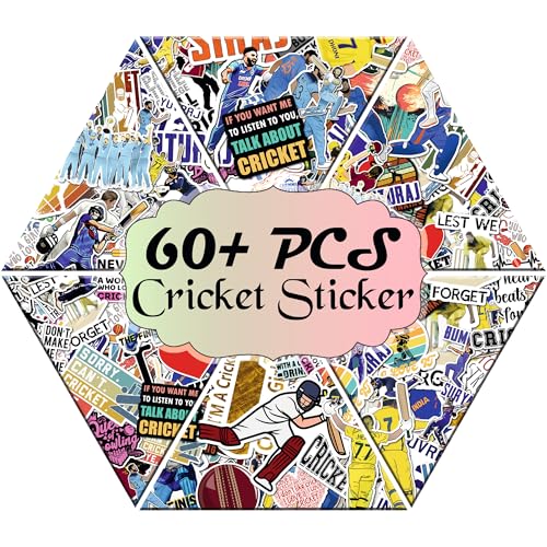 Pack of 60+ Cricket Stickers – Laminated Waterproof Vinyl, Self-Adhesive & Residue-Free – Cricket-Themed Stickers for Bat, Helmet, Ball, Phone, Bike, Guitar, Diary, Laptop
