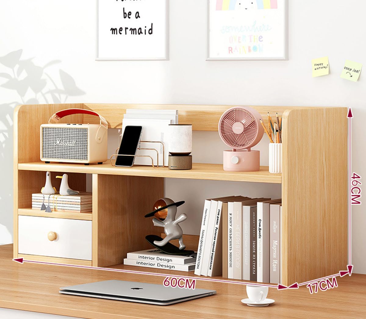 Desktop Organizer, Multipurpose Desk Display Organiser with Drawer for Home Storage and Office Supplies, Wooden Tabletop File Tray Stationery Holder Stand, Wood Table Bookshelf Shelf Rack (Brown)