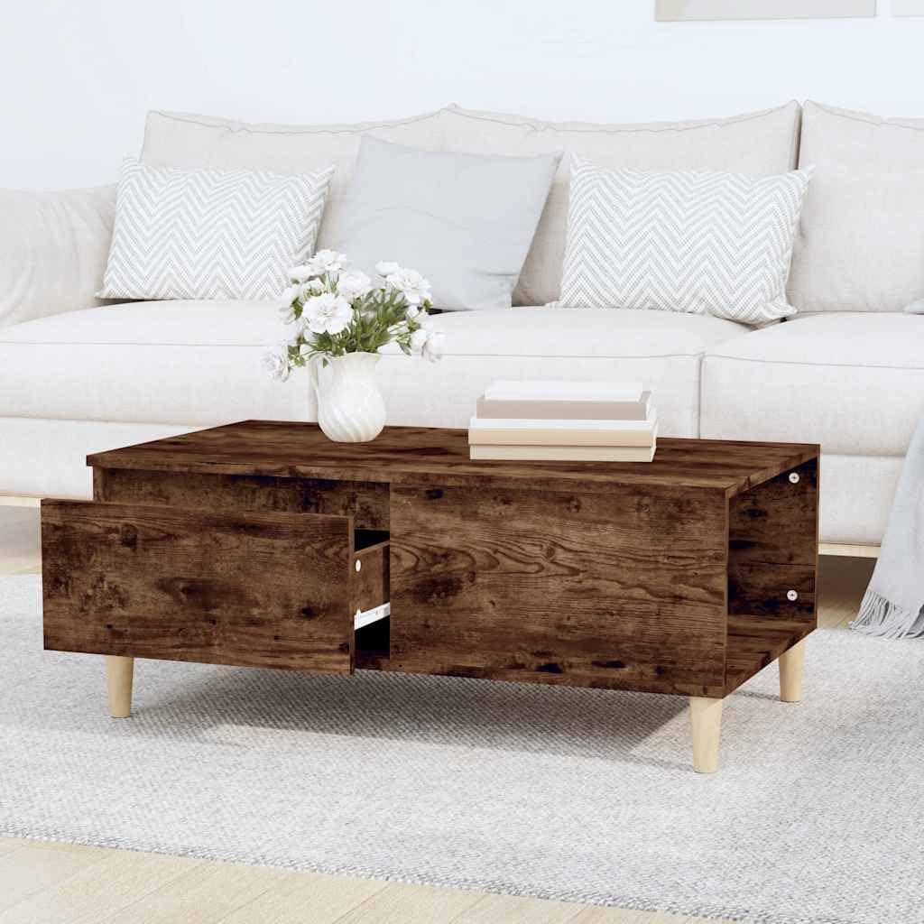 Mesa de centro de roble ahumado, 90 x 50 x 36,5 cm, material de madera con cajón y espacio de almacenamiento, mesa auxiliar para salón, mesa de sofá con diseño robusto y madera de eucalipto