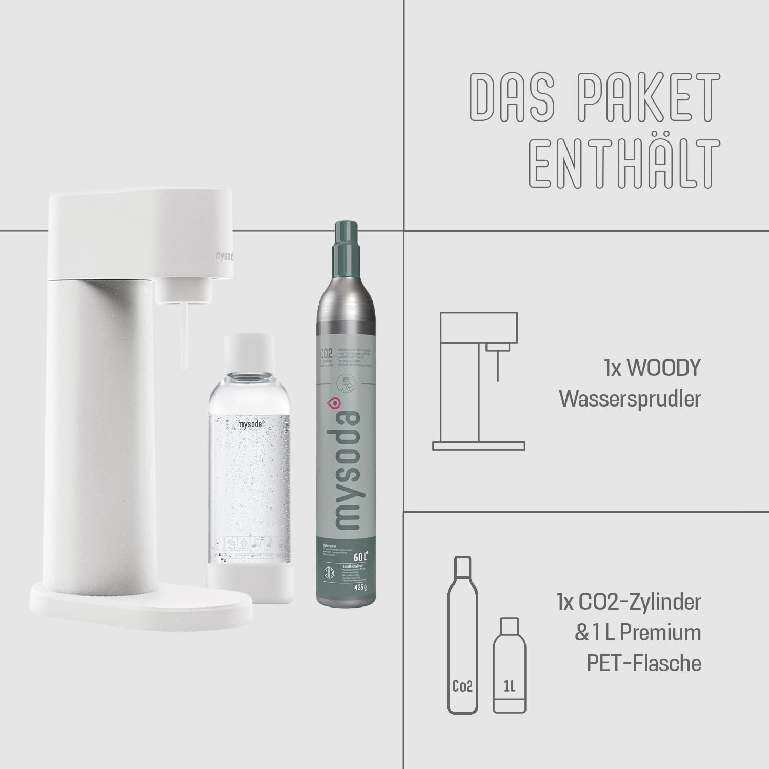 Mysoda: Woody Set - Wassersprudler aus erneuerbarem Holzkomposit mit 1L Quick-Lock BPA-freier Plastikflasche und CO2-Zylinder - Weiß