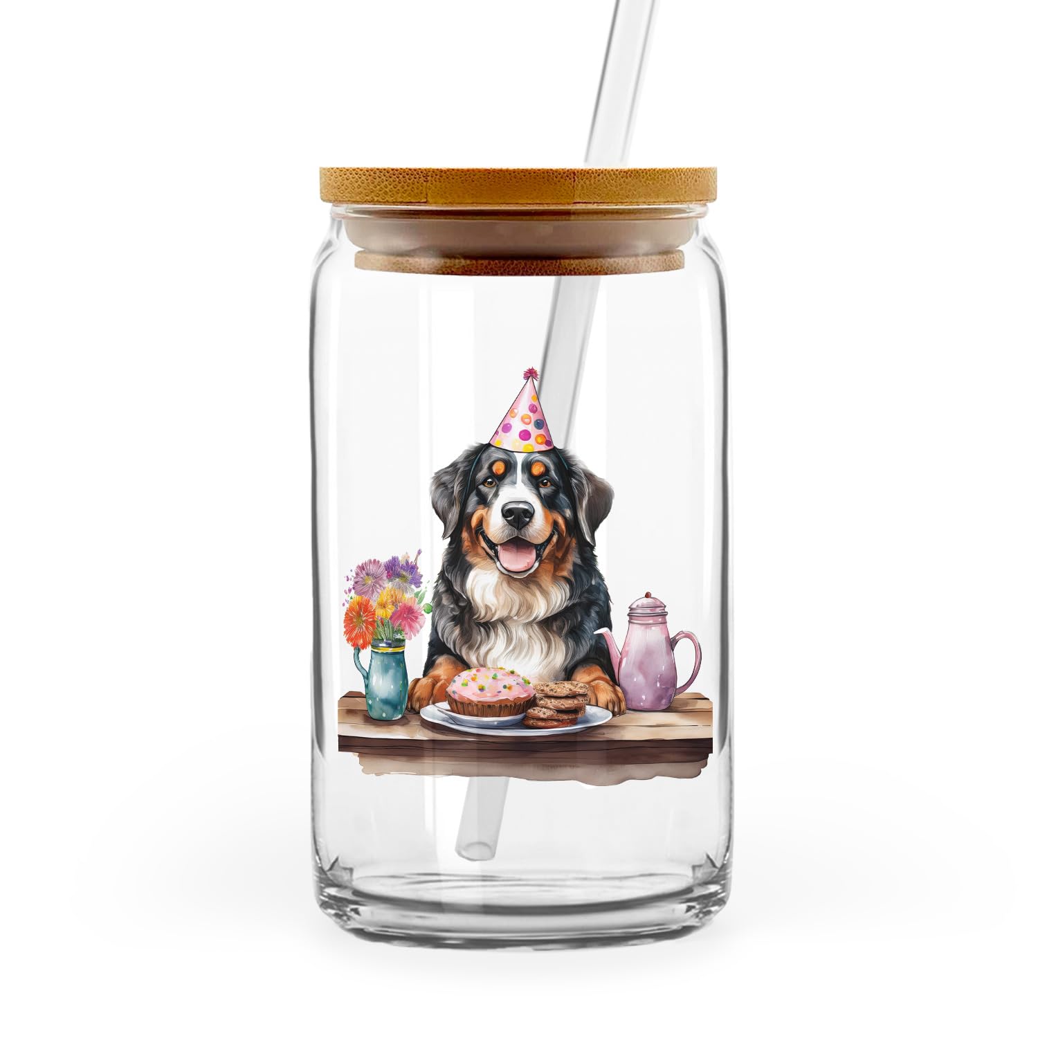 Ninety3POD Happy Mother's Day Bernese Mountain Dog with Sweets and Flowers at a Picnic Glass Cup Mug Berner Lover Gifts 16oz Glass Can with Bamboo Lid and Straw 13005