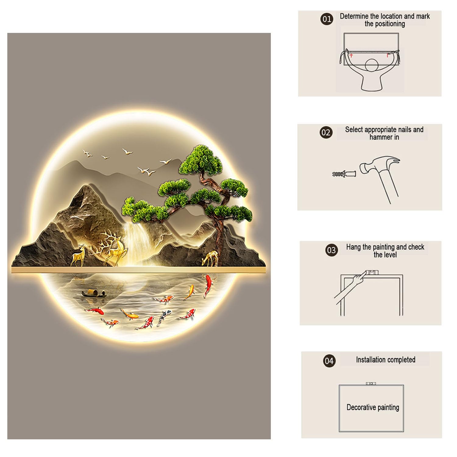 Cuadro decorativo moderno para el hogar con luz LED, arte de pared de porcelana de cristal con plantas verdes artificiales, cuadro colgante de pared decorativo para el hogar(M,72*60cm/28.3*23.6in)