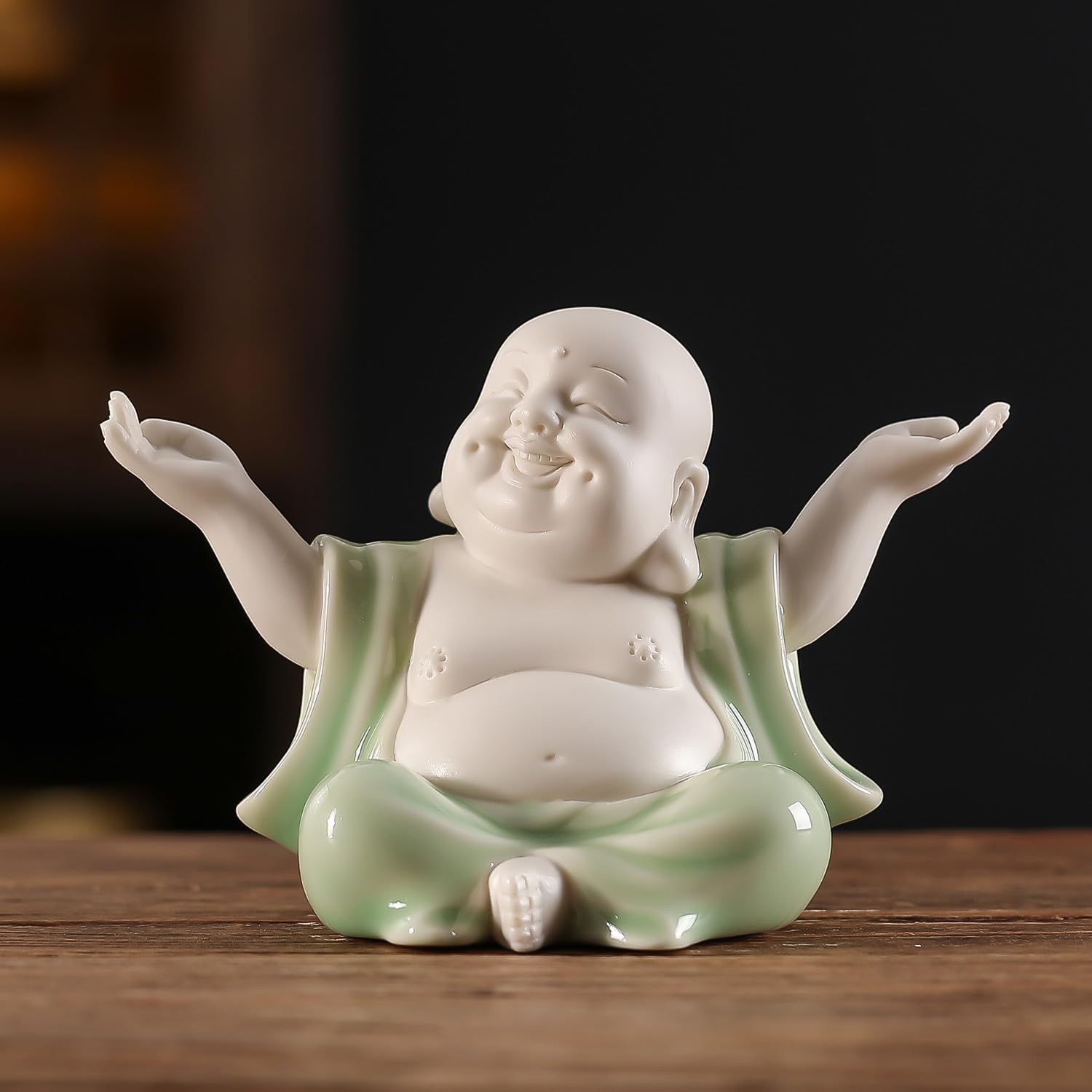 Houlu Small Green Laughing Buddha Statue for Home Decor, Ceramic Happy Buddha Statue Indoor for Good Luck