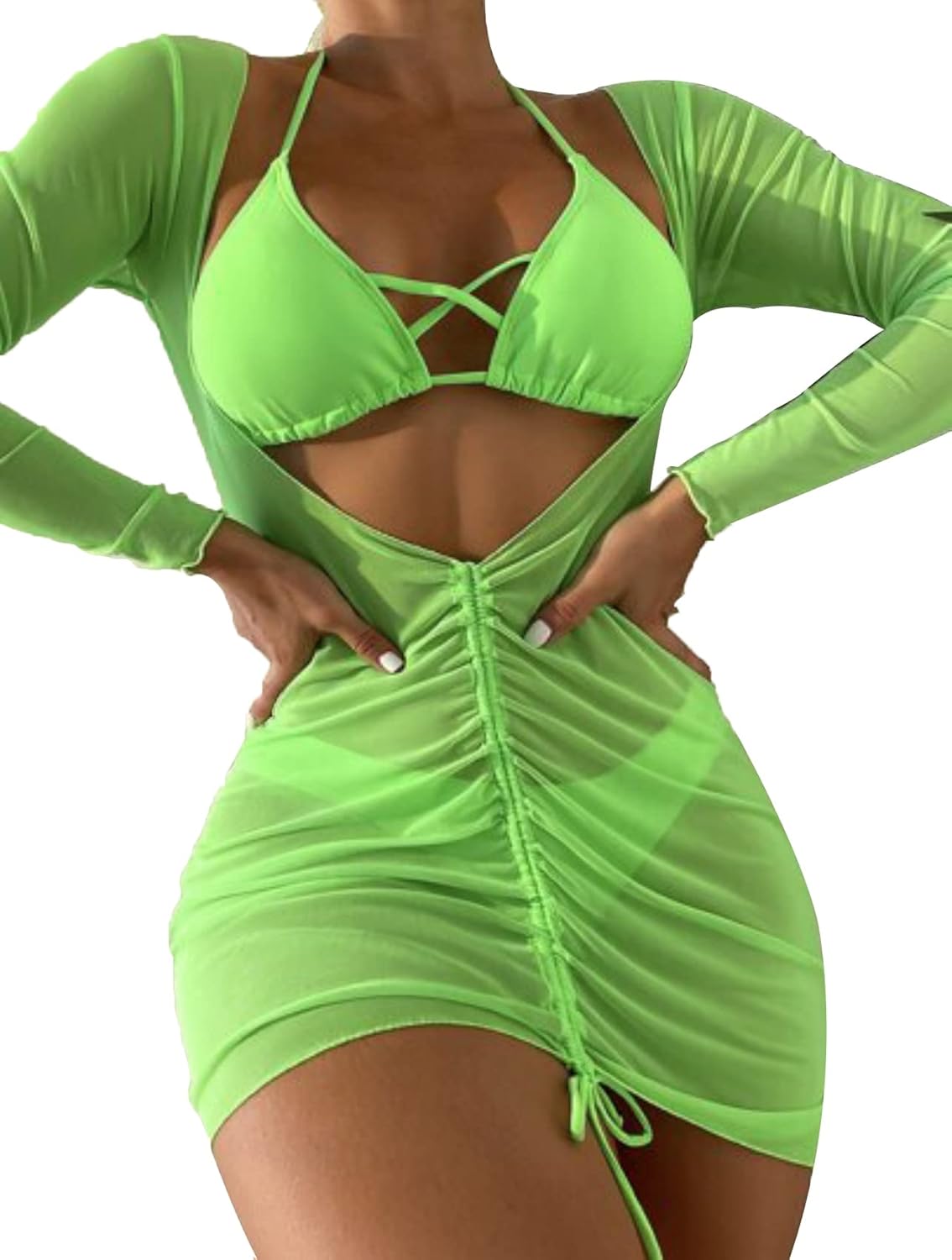 SherryDC Women's Sexy 3 Piece Swimsuits Halter Triangle Bikini Sets with Long Sleeve Cover Up Drawstring Bathing Suit