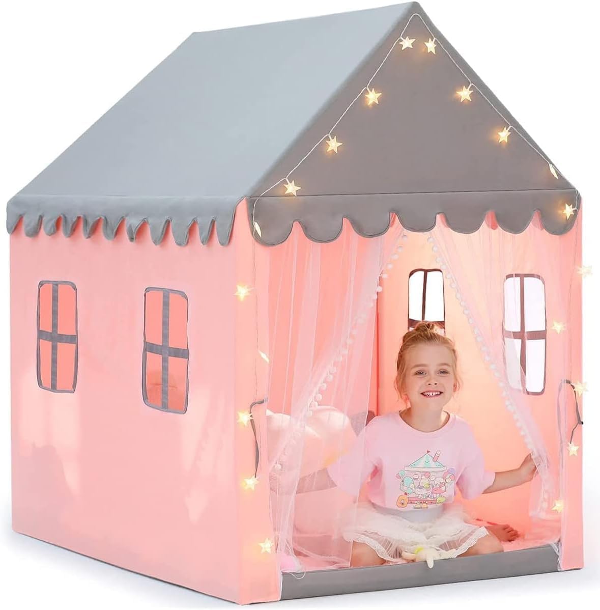 Tenda da gioco per bambini con ghirlande luminose stelle, castello principessa tenda con 4 finestre, casa di gioco interna ed esterna per bambini rilassarsi 121x105x136cm (rosa)