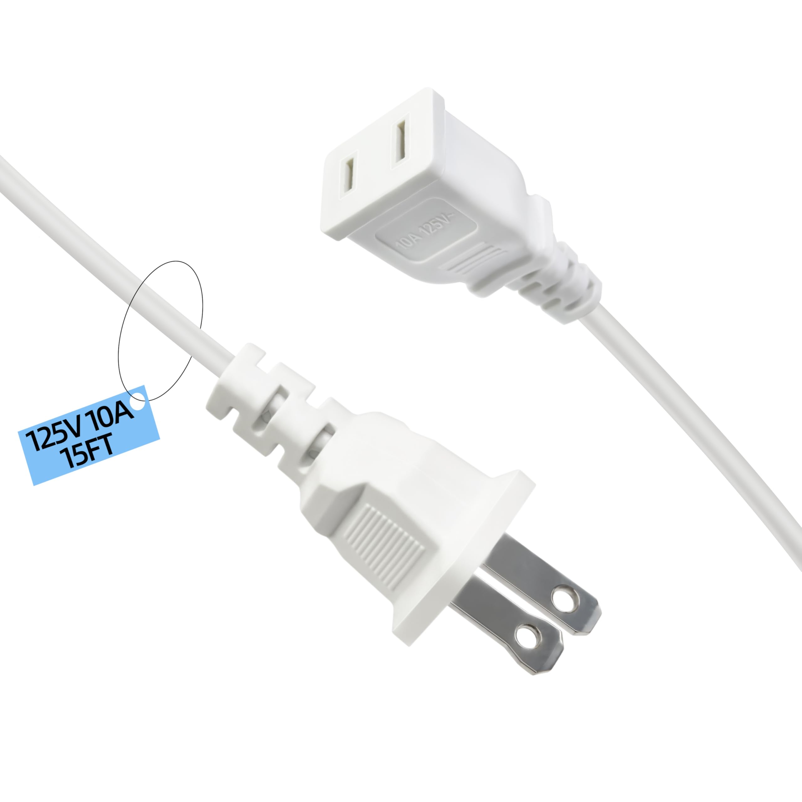 15FT White Thin Flat Extension Cord 2 Prong Polarized Power Cable,18AWG 10A 125V Single Outlet Space-Saving Slim Cable Wire ETL Listed for Holiday