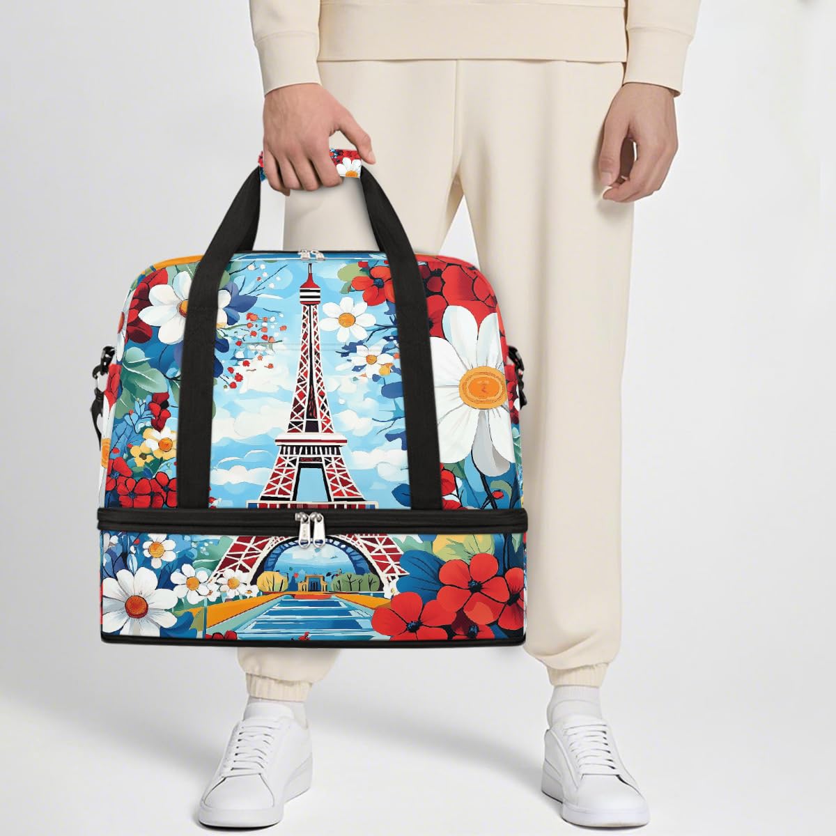 Borsone da viaggio pieghevole con motivo Torre Eiffel di Parigi, borsa da palestra espandibile con scomparto per scarpe, grande capacità, borsa da weekender, per viaggi, sport, viaggi notturni