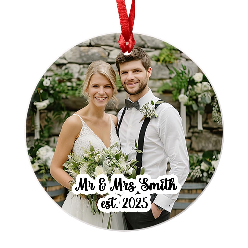 Fuzzy Cactus Newly Weds Mr and Mrs Wedding Photo Christmas 2025 Bauble - Acylic - Bride and Groom First Christmas Tree Xmas Hanging Decoration