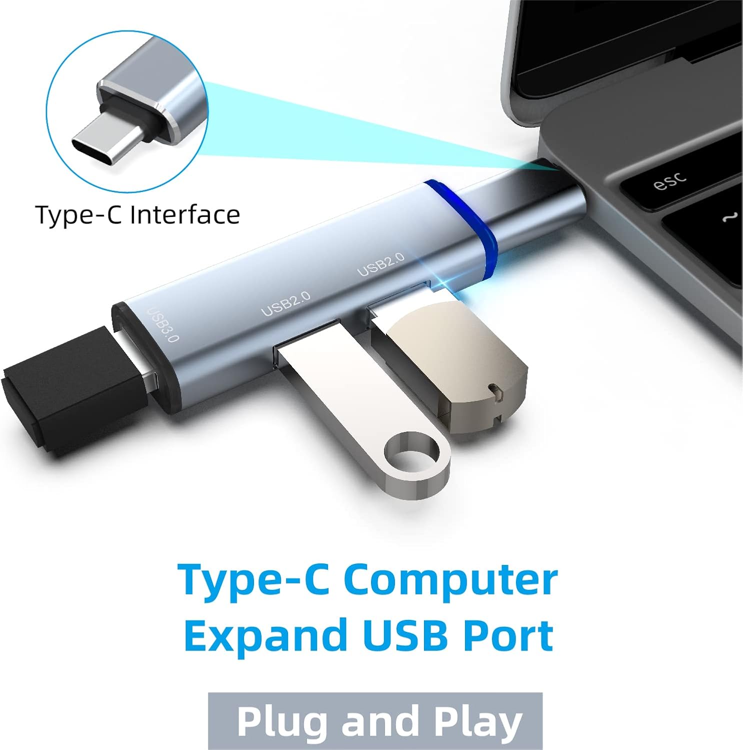 USB 3.0 Hub Splitter, 3-Port Data USB Hub Extender with USB C Adapter Applicable for iMac Pro, MacBook Air, Mac Mini/Pro, Surface Pro, Notebook PC, Laptop, USB Flash Drive, grey (106) image 4 of 8 B09JSN5RZM