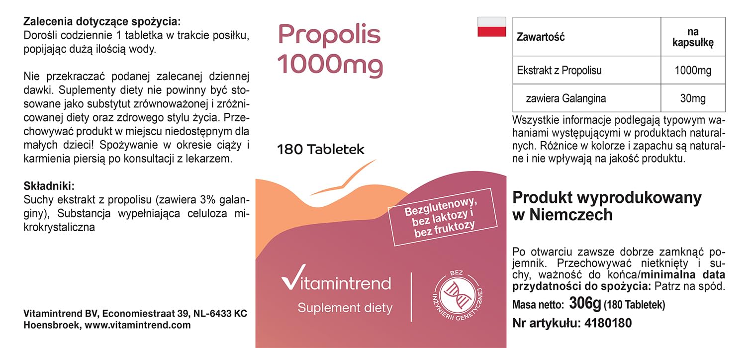 Vitamintrend Extrait de propolis 1000 mg, 180 comprimés, hautement dosé, complément alimentaire sans stéarate de magnésium, fabriqué en Allemagne