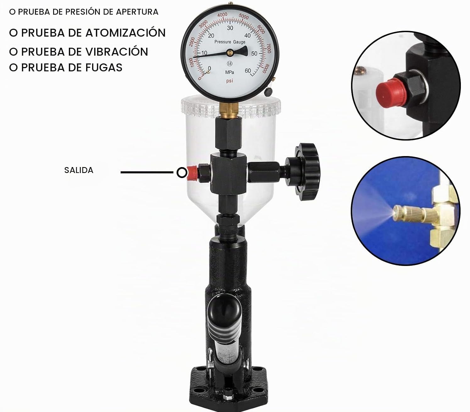 Comprobador de inyectores diesel ALTA PRESIÓN 0-600 Bar fugas y pulverizado