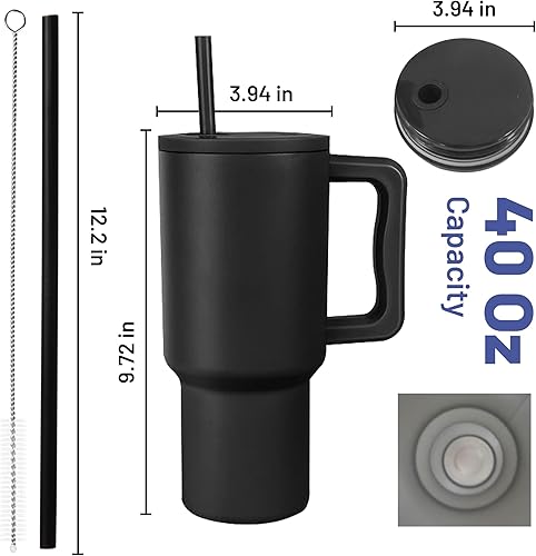 Miniatura 2 de Eventici - Vaso de 40 onzas con asa y tapa para pajilla, botella de agua de acero inoxidable con aislamiento al vacío de doble pared, taza de viaje