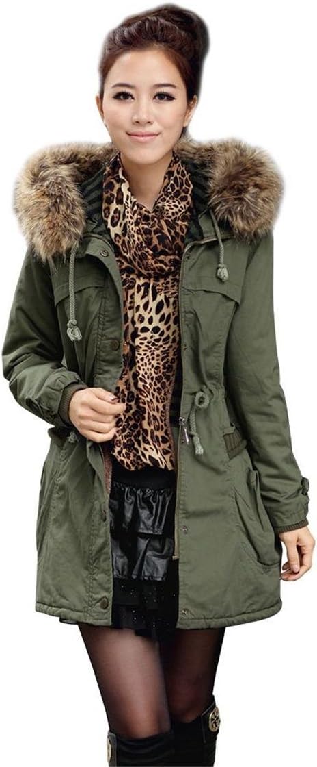 Womens Military Coat Parka Hooded Warm Thicken Trim Faux Fur Army Green Size US 0