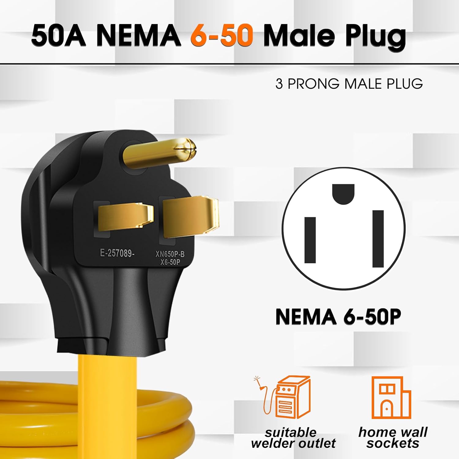 NEMA 6-50P to 14-50R EV Charger Adapter Extension Cord STW 8AWG 50 Amp 250V 3Prong Welder Plug to 4Prong Generator EV Connector, for Tesla and Other EV Level 2 Charging ETL Listed (10FT)