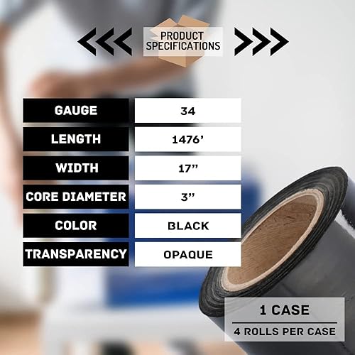 Miniatura 4 de PSBM - Rollo de película elástica negra, paquete de 4, 17 pulgadas x 1476 pies, calibre 34, rollos de película elástica a mano oscuraopaca para