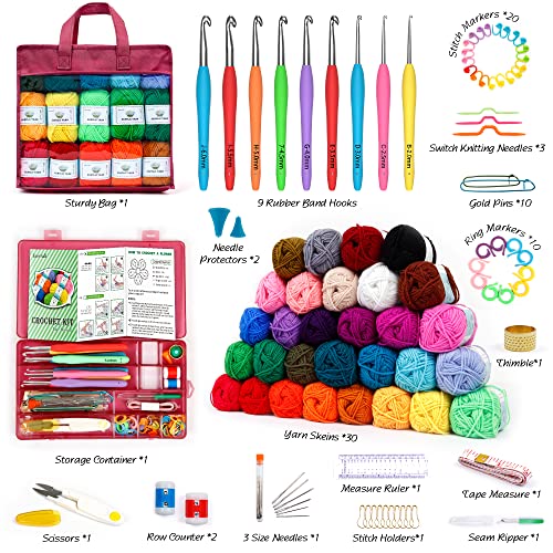 Image of INSCRAFT Crochet Yarn Kit for Beginners Adults, Includes 1650 Yards 30 Colors Acrylic Skeins, User Manual, Hooks, Wine Bag etc, Make Amigurumi & Projects, Starter Set Professionals