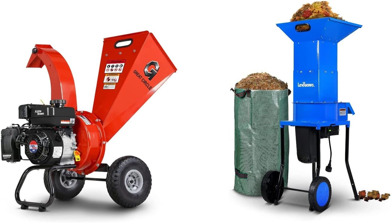 G GreatCircleUSA Mini Wood Chipper Shredder Mulcher & Landworks Leaf Mulcher Shredder Electric [Bundle Deal]