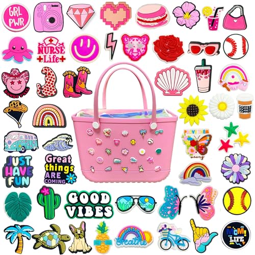 Cute Charms for Bogg Bag Accessories, 50PCS Cute Summer Beach Preppy Hippie Horse Pink Peace Butterfly Cowgirl Decoration Bag Charms for Rubber Tote Beach Bags Perfect Gifts for Girls Women