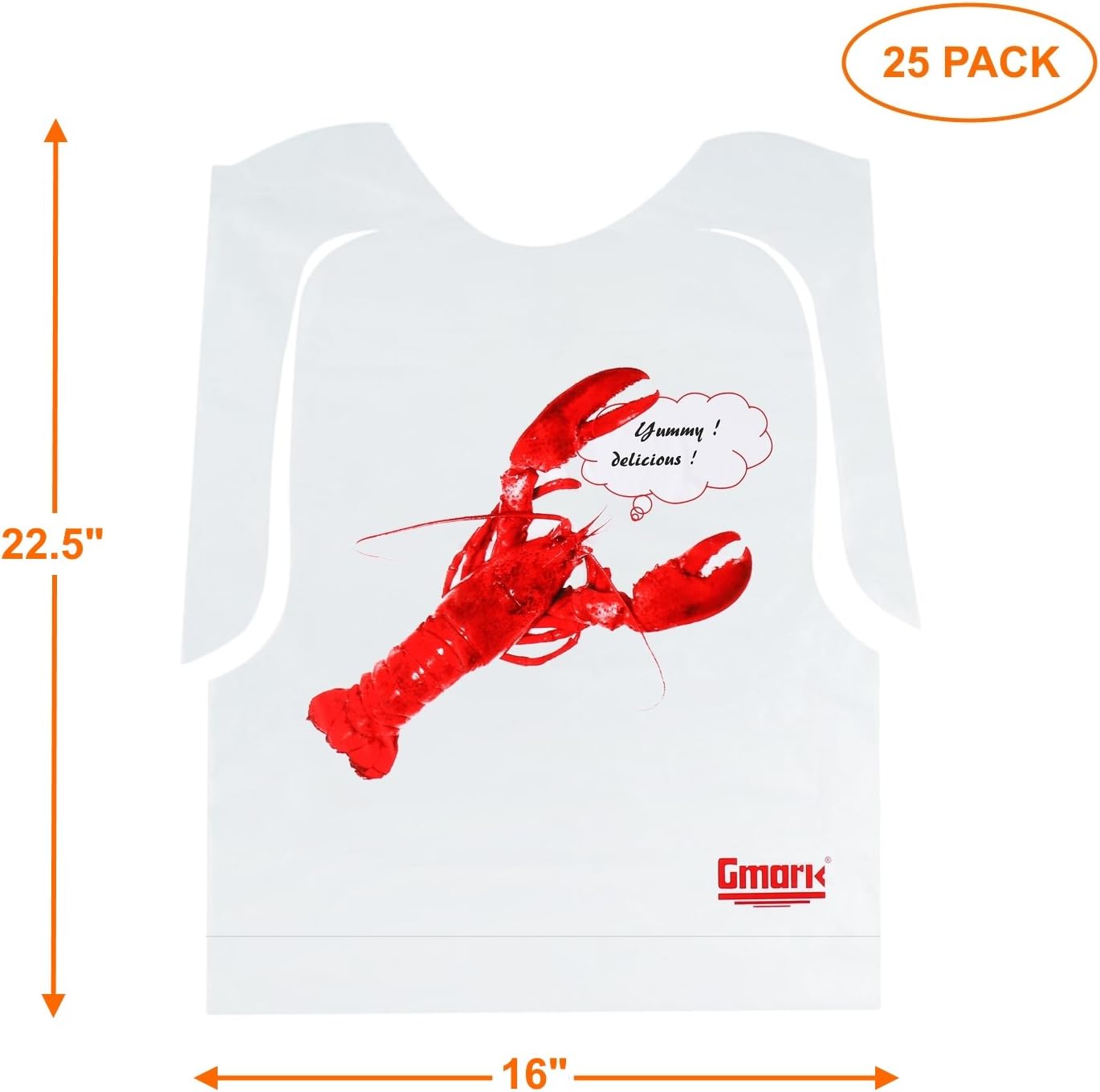 Gmark 25 Count Disposable Plastic Lobster Bibs, Adult Size Seafood Boil, Waterproof Tie-On Poly for Crawfish Boil, Crab Feast, Clambake, Restaurants & Catering Parties GM1066