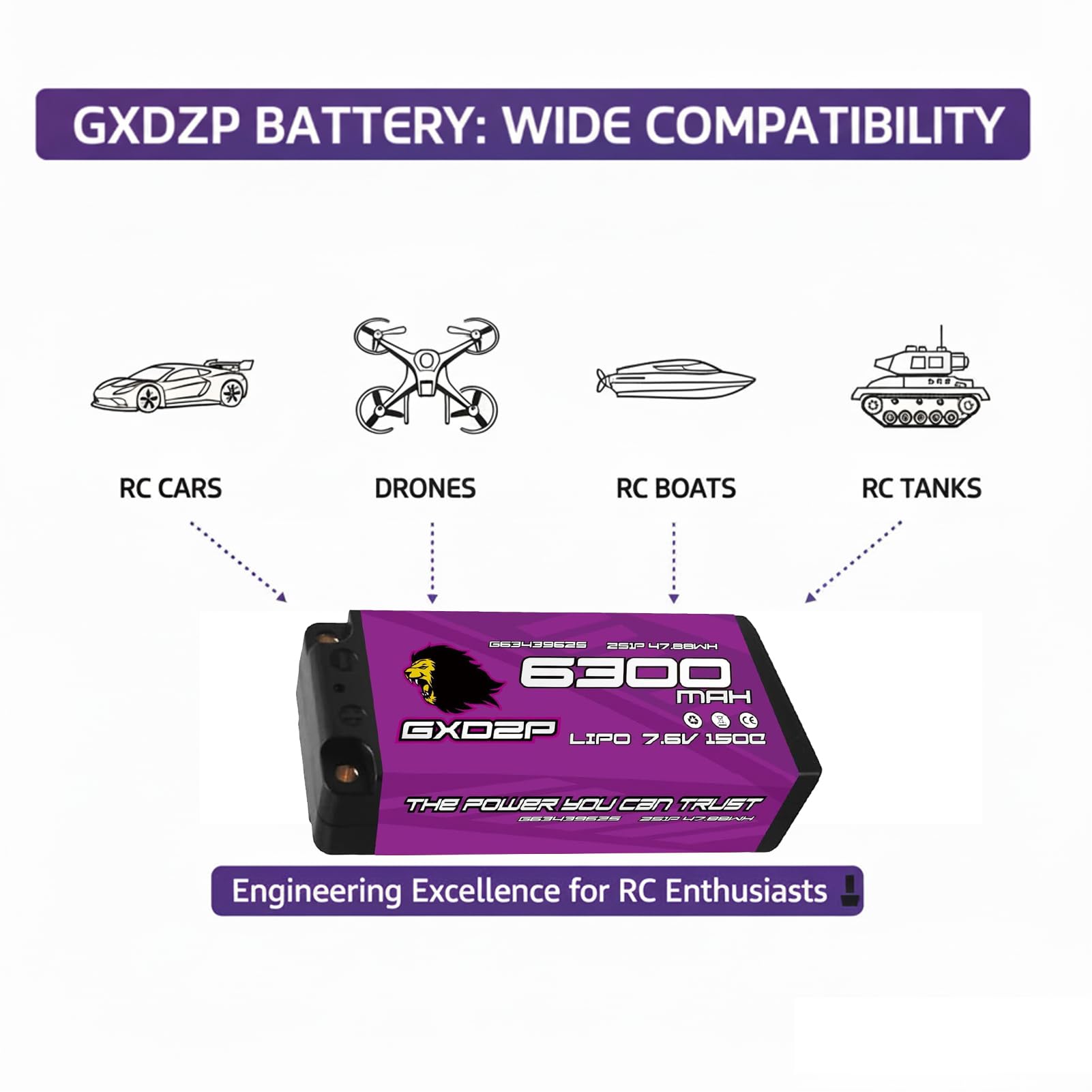 Batteria LiPo 2S da 7,6 V, 6300 mAh, 150 C, custodia rigida XT60, connettore da 5 mm, ad alte prestazioni, per auto, buggy, camion, aereo, barca, confezione da 2 pezzi