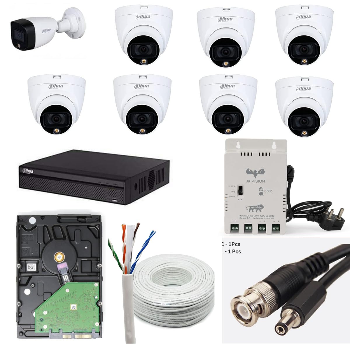 Dahua 2MP with Color HD CCTV Camera Full Set, 1 Bullet, 7 Dome, 8 Channel DVR, 8 Channel JK Vision Power Supply, 1TB Hard Disk, 90 Meter Cable, BNC/DC Connector