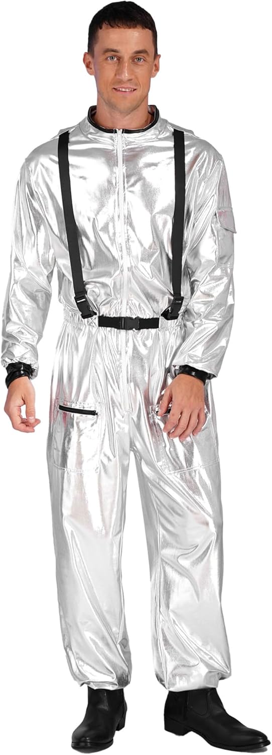 Agoky Mens Halloween Party Coverall Space Cosplay Jumpsuit Shiny Metallic Astronaut Costumes