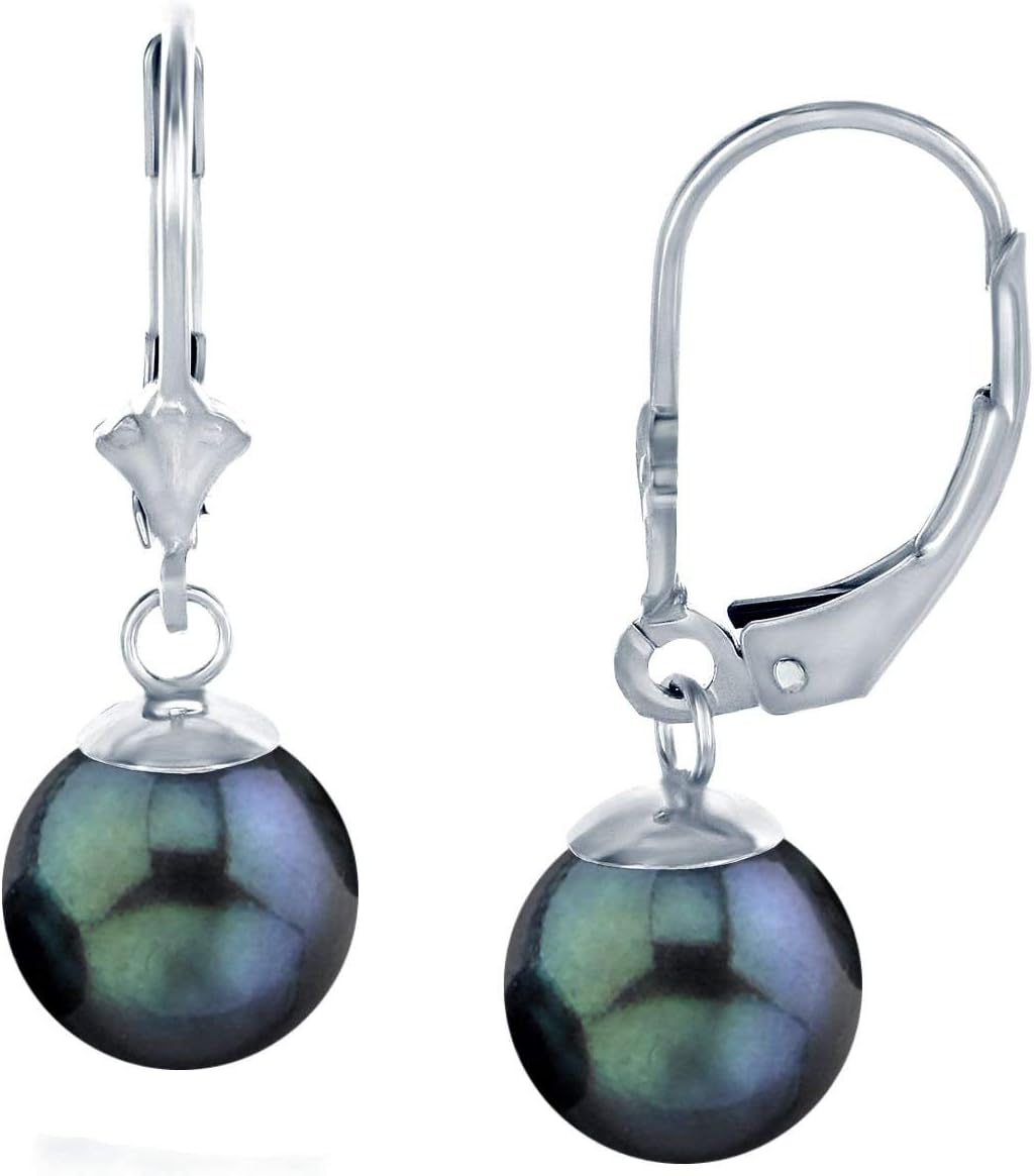 THE PEARL SOURCE Sterling Silver 7.5-8mm Round Genuine Black Akoya Cultured Pearl Leverback Earrings for Women