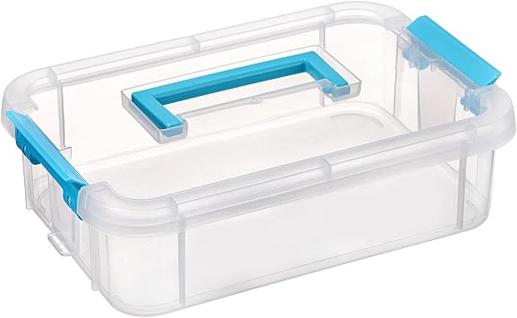 BTSKY Clear Plastic Storage Box, Portable Organizer Container with Blue Handle, Stackable Storage Bin for Office Home, Multi-Use Container Box with Lid for Stationery Jewelry Craft Sewing Supplies