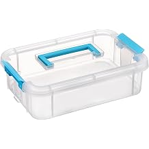 BTSKY Clear Plastic Storage Box, Portable Organizer Container with Blue Handle, Stackable Storage Bin for Office Home, Multi-Use Container Box with Lid for Stationery Jewelry Craft Sewing Supplies