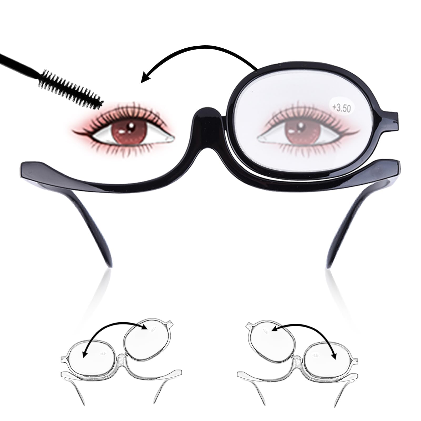 Agatige Makeup Glasses with Flip Up Lens, Single Lens Magnifying Flip Down Rotating Makeup Reading Glasses Cosmetic Folding Eyeglasses Tools with Spring Hinge for Women Eye Makeup Application (+3.50)