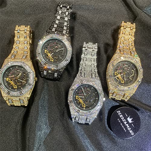 Icediamond 43Mm Iced Out Openwork Mechanical Automatic Wrist Watch, Full Shiny Cz Diamond Hand-Winding Skeleton Dial Luxury Watch For Men (Gold) #TOP5
