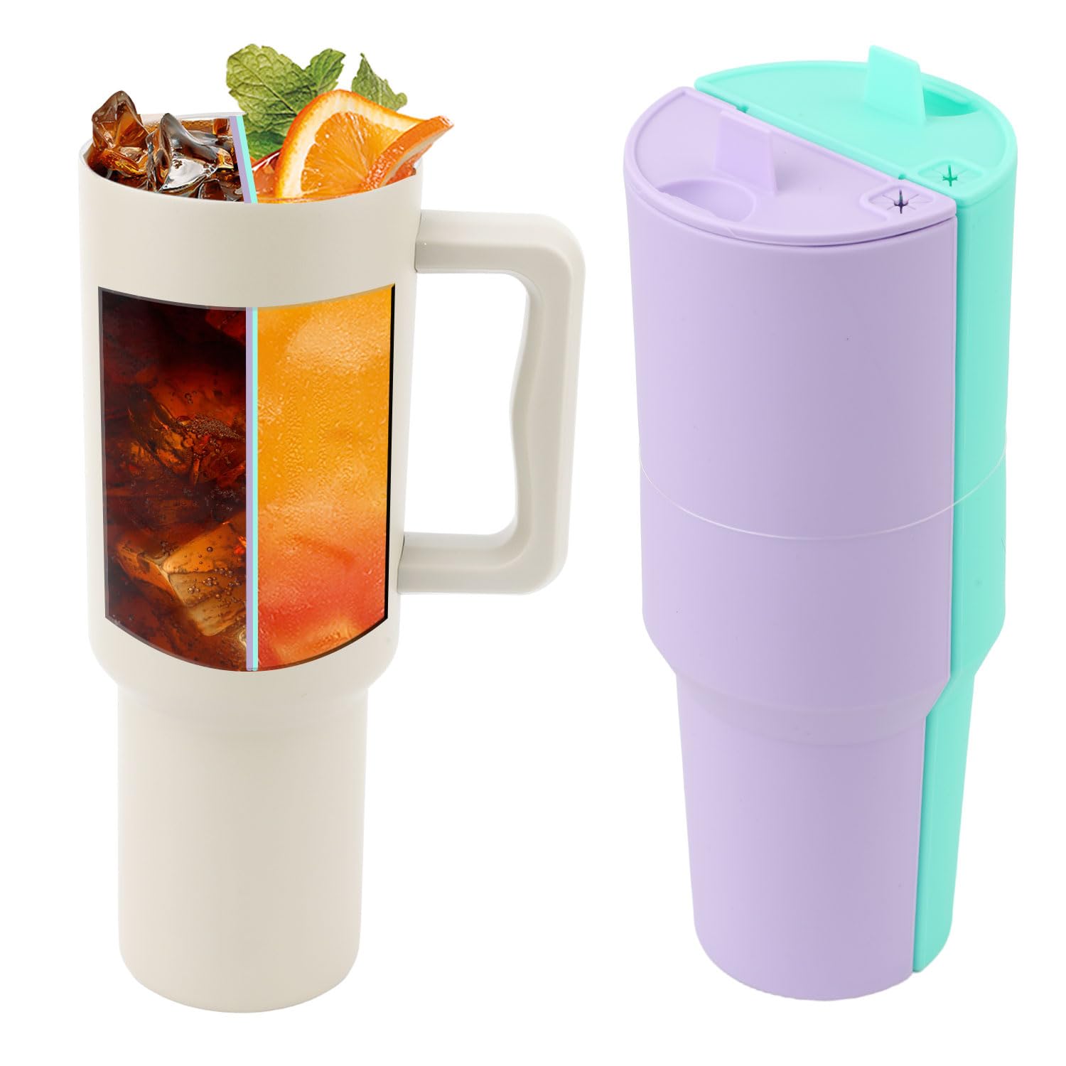 NQEUEPN Innenbecherfach für Stanley Cup, 2-in-1-Getränketrenner aus Silikon Wiederverwendbares 40oz-Trinkbecher-Zubehör Doppeltes Trennfach für Heiße und Kalte Getränke (Lila, Cyan)