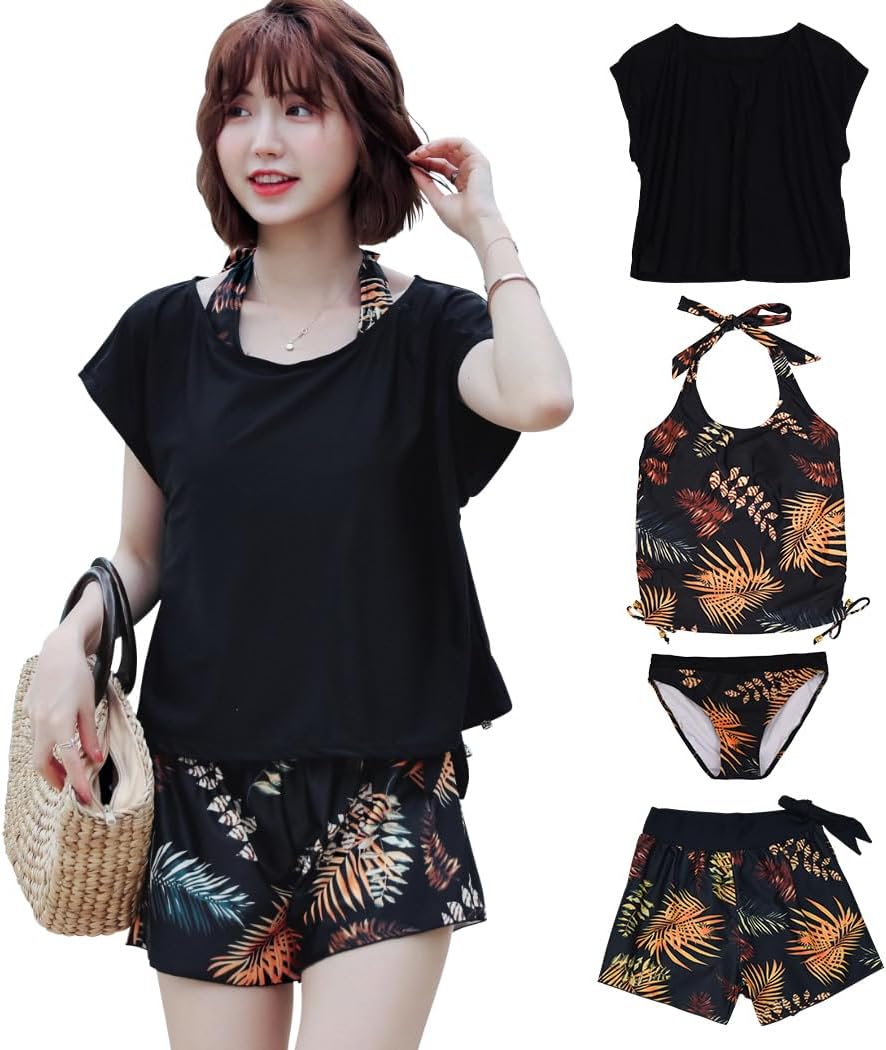 TeddyShop 水着 レディース 体型カバー タンキニ 4点セット 大人 ビキニ タンクトップ ショートパンツ Tシャツ ラッシュガード ママ水着 hys1618