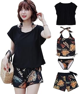 TeddyShop 水着 レディース 体型カバー タンキニ 4点セット 大人 ビキニ タンクトップ ショートパンツ Tシャツ ラッシュガード ママ水着 hys1618