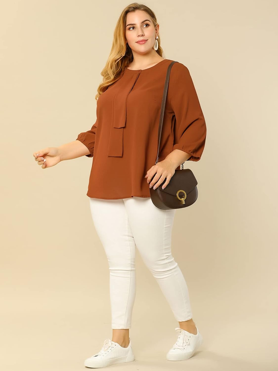 Agnes Orinda Women's Plus Size Tops Work Round Neck Ruffle Chiffon Blouse Office Top - Image 3