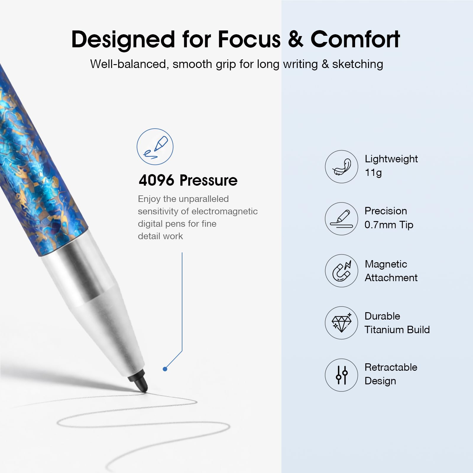 Penna magnetica EMR in titanio per dispositivi E-Ink, penna digitale magnetica retrattile con punta fine di precisione, penna leggera compatibile con reMarkable 2, Kindle Scribe, BOOX, Supernote, blu